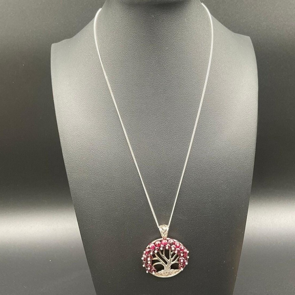 Sterling Silver‎ Garnet Tree Of Life Pendant Necklace 19" Chain  Gift